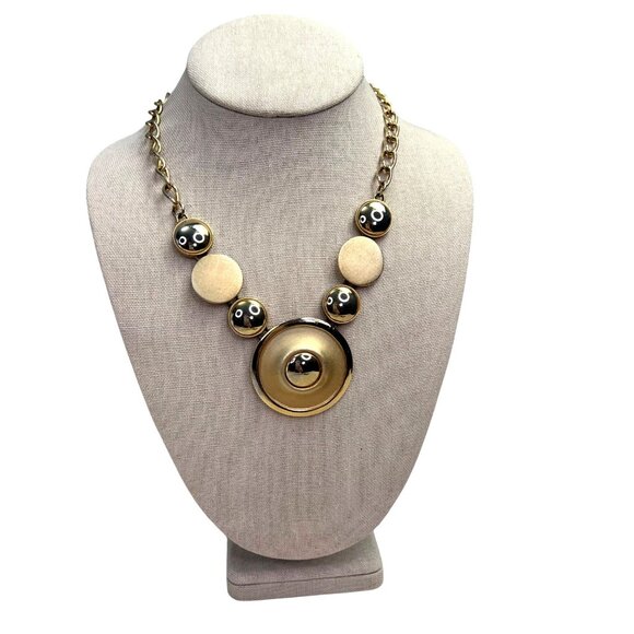 Chunky Gold Tone Link Statement Necklace Round Pendant - Picture 1 of 5